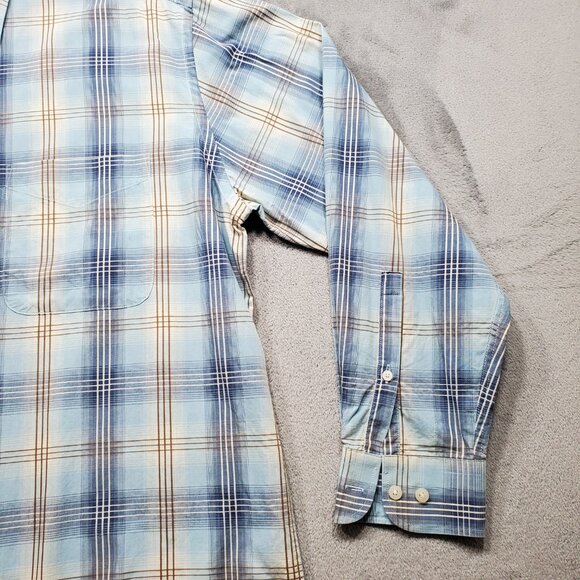 Alan Flusser Button Down Long Sleeve Plaid Shirt Blue Brown White Mn Sz L - Picture 5 of 10